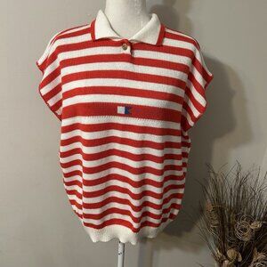 Vtg Liz Baker Women Sleeveless Polo Sweater Striped Red White Nautical Golf 2X